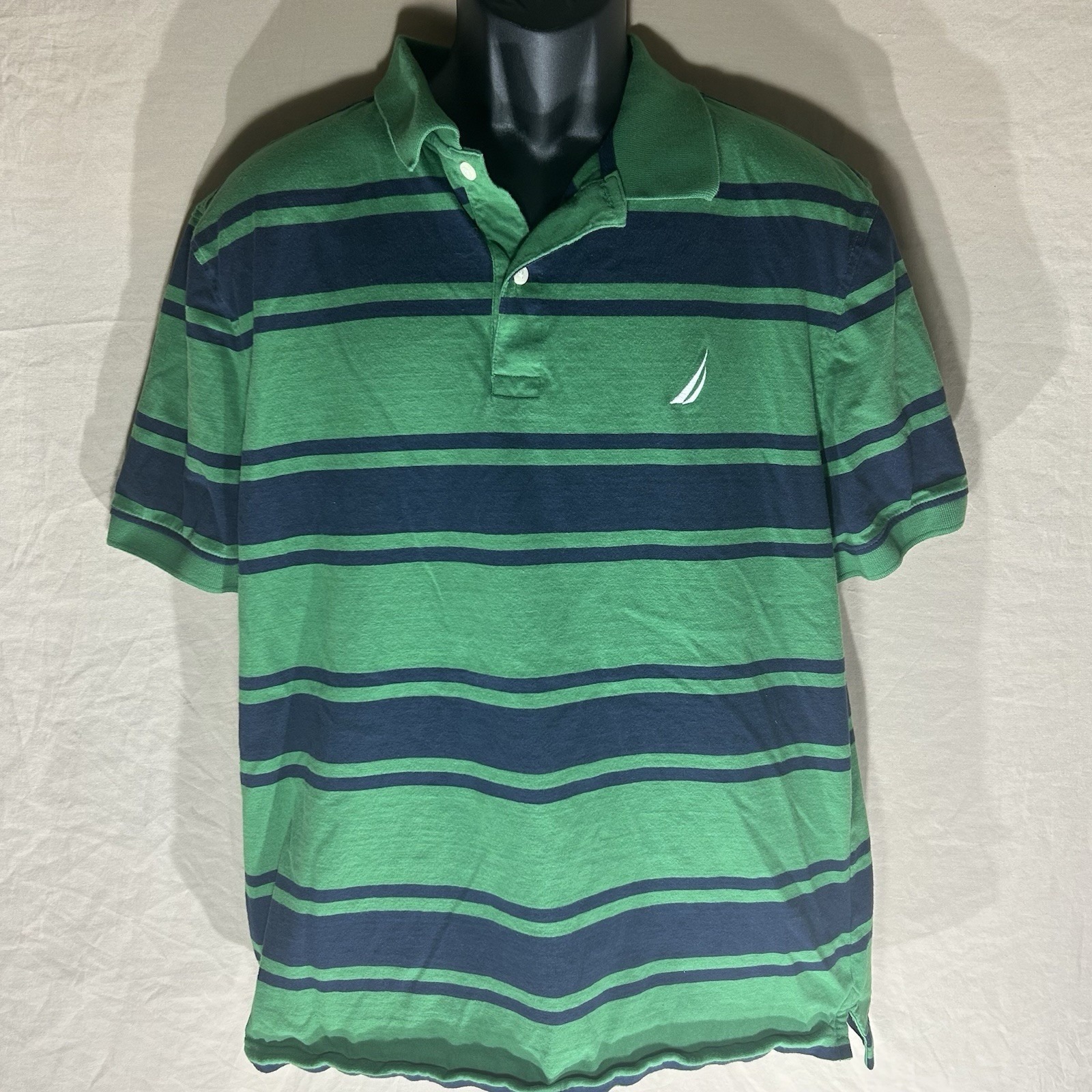Nautica Polo Shirt Mens Xl Green Navy Blue Striped Short Sleeve Sailboat Logo